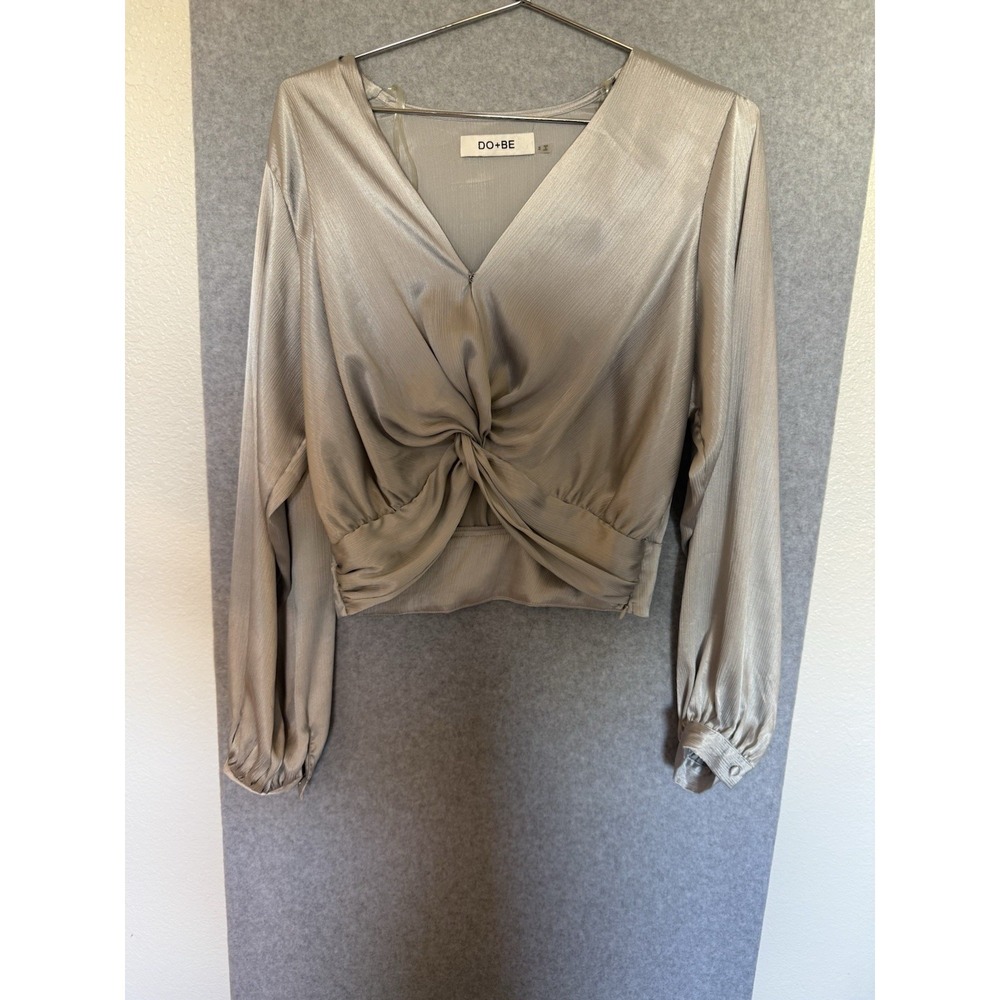 DO+BE Gray Solid V-Neck Twist Front Balloon Long Sleeve Knit Blouse S